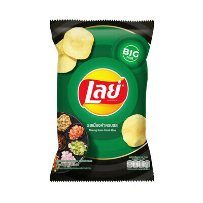 A package of Lay's Mieng Kam Krob Ros Flavor potato chips featuring the Lay's logo with images of the chips and additional product information on a green background.