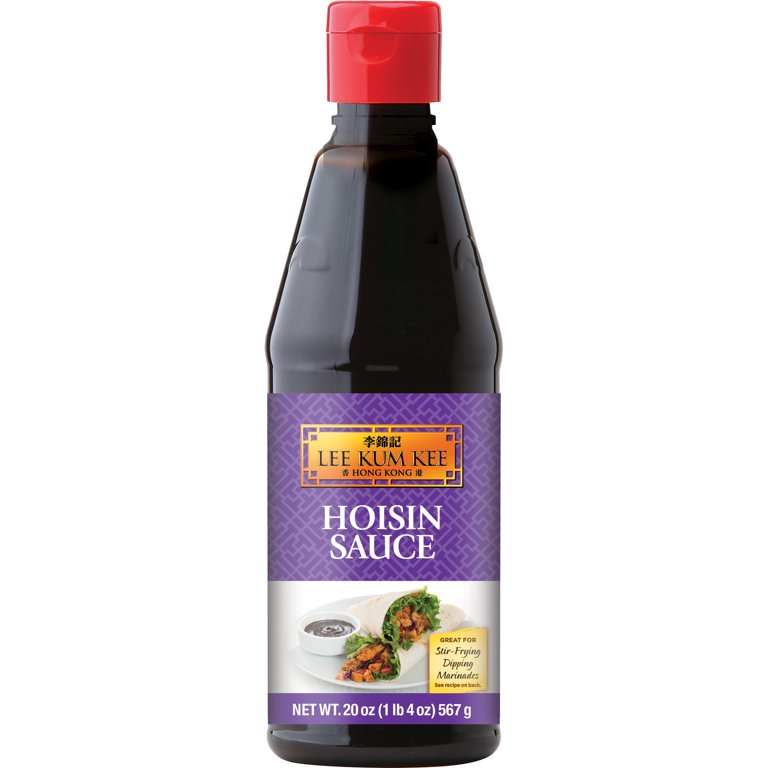 Bottle of Lee Kum Kee Hoisin Sauce with a red cap on a white background.