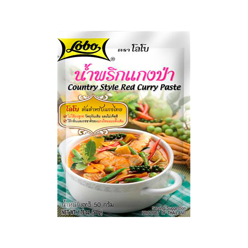 Packaging of Lobo Country Style Red Curry Paste showing the product name, an image of the curry paste, and key ingredients such as shallot, garlic, chili, lemongrass, and shrimp.