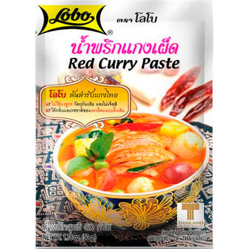 Packaging of Lobo Red Curry Paste featuring the product name, an image of a bowl with red curry and vegetables, and listed attributes such as &