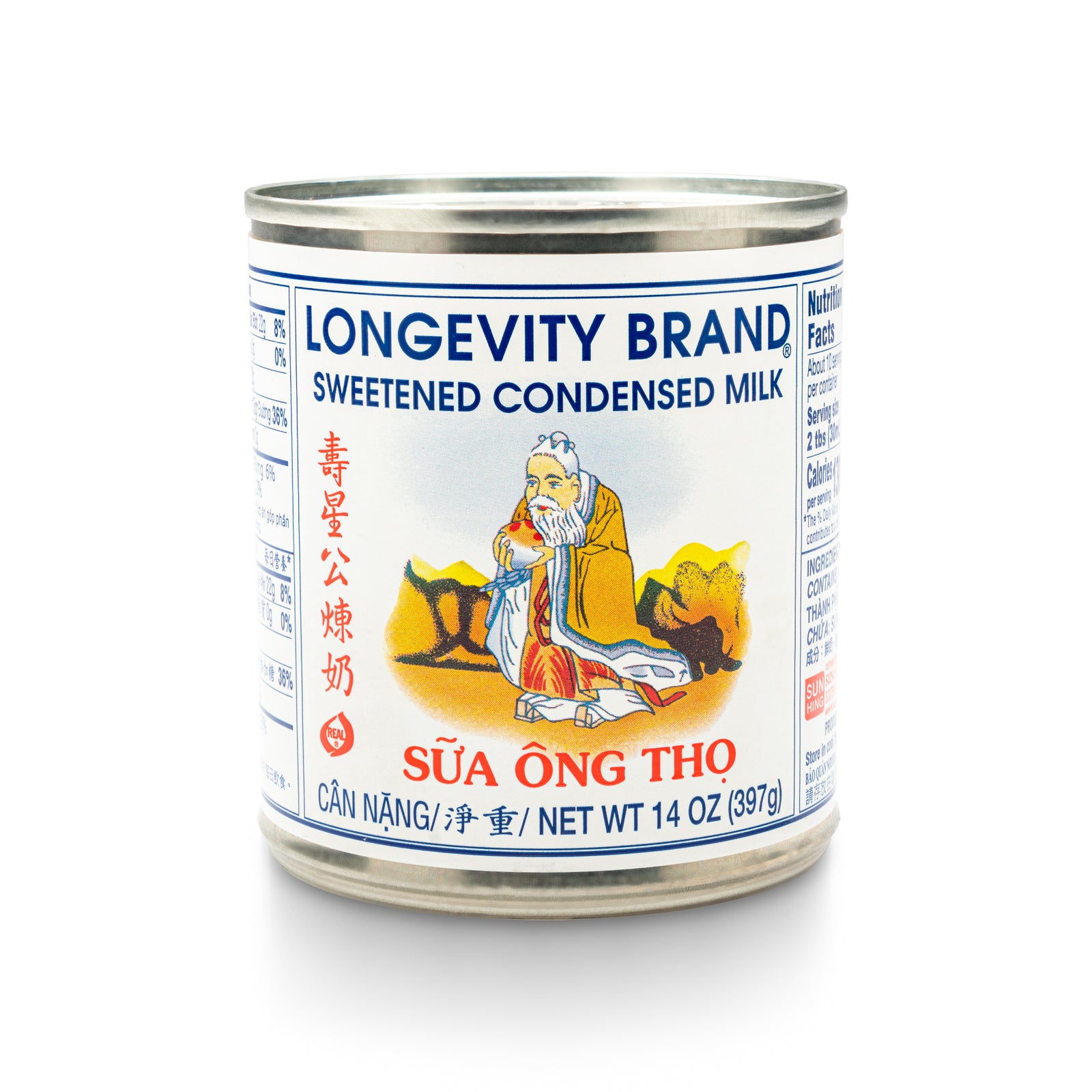 Longevity Brand sweetened condensed milk can featuring an illustration of an elderly man with a staff, with red and blue text on a white background