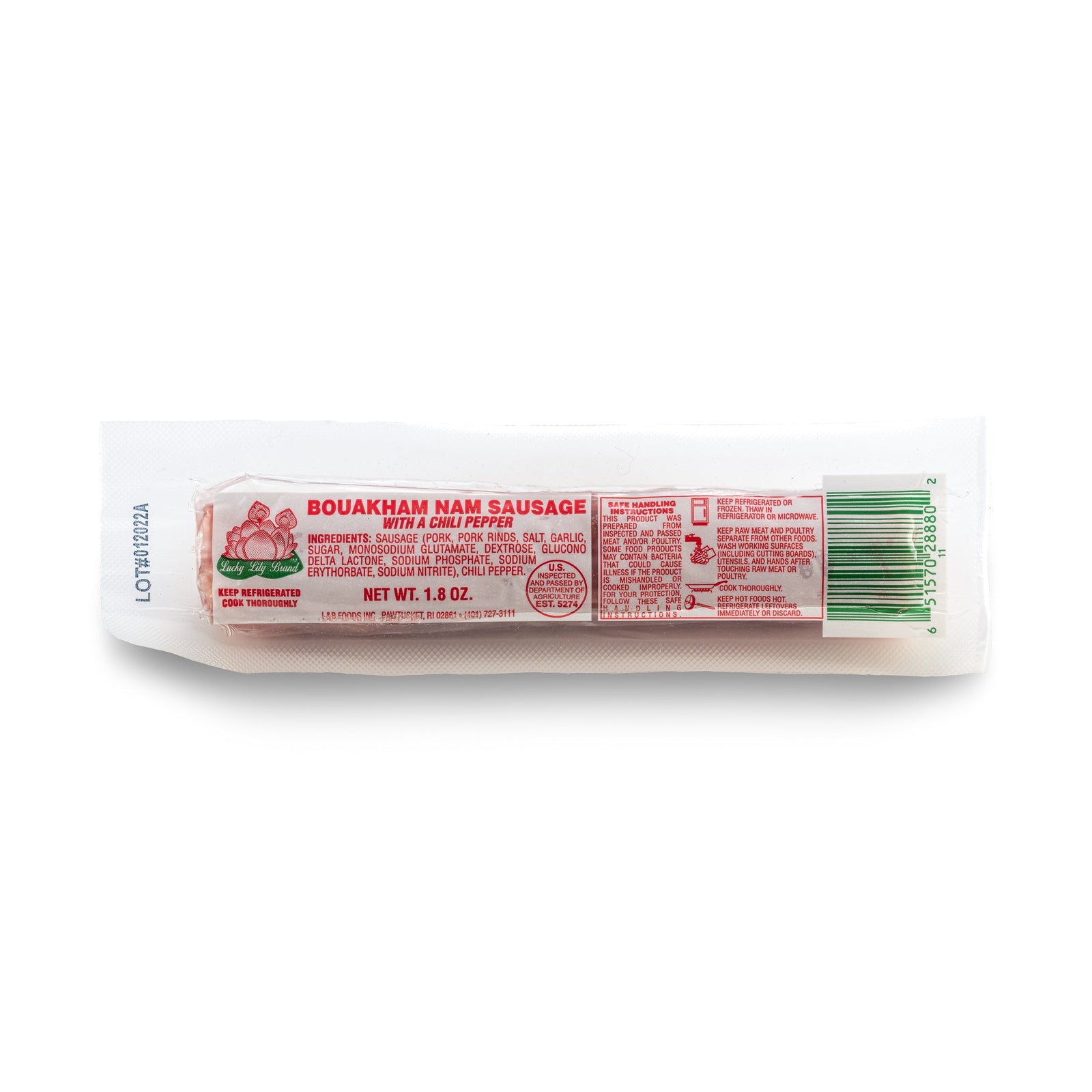 Packaged Bouakham Nam Sausage with Chili Pepper, 1.8 oz, with product information and branding visible.