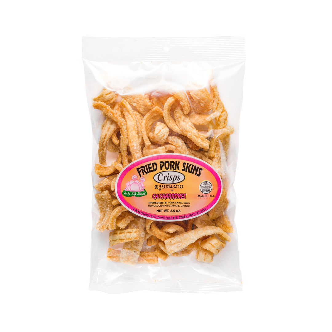 A package of Lucky Lily Brand Fried Pork Skins Crisps Chicharrones, showing the product through the transparent section of the packaging.