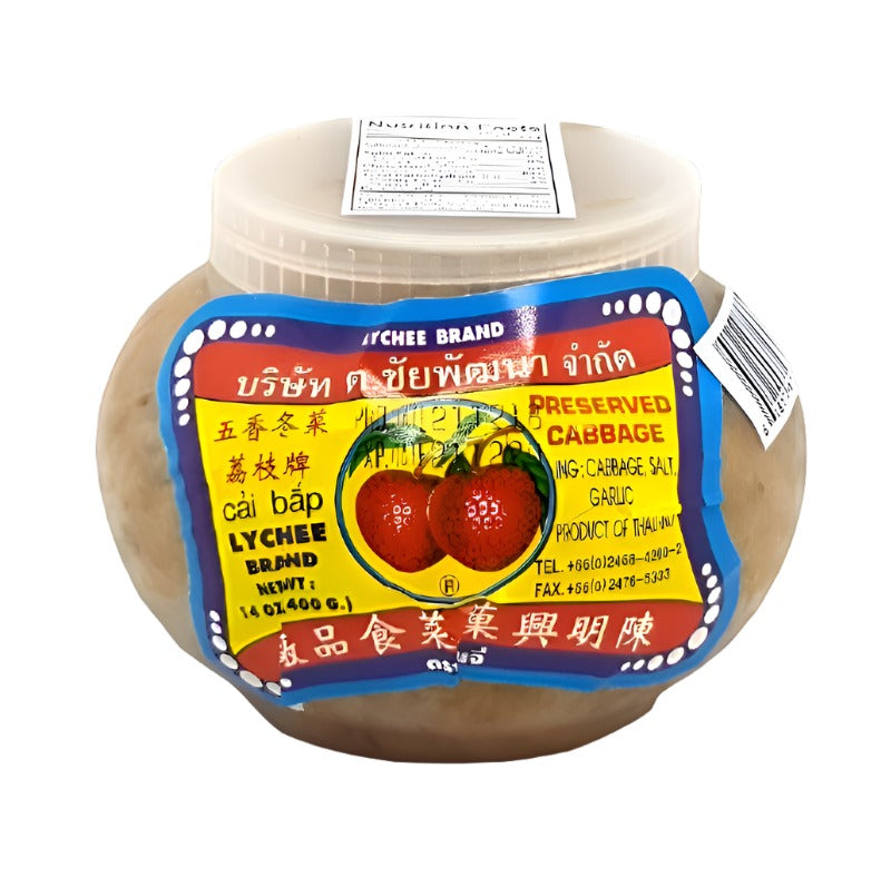 A jar of Lychee Brand Preserved Cabbage with a label showing the product name, weight, and an image of lychees. The cabbage is crouched at the bottom, and there is a contact number for the brand.