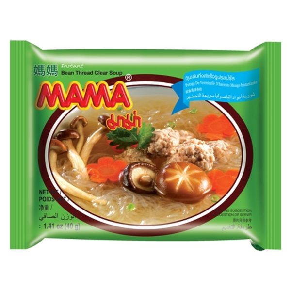 Packaging of Mama Instant Bean Thread Clear Soup featuring an image of the soup with ingredients like mushrooms, carrots, and star fruit, along with the Mama brand logo and product information.