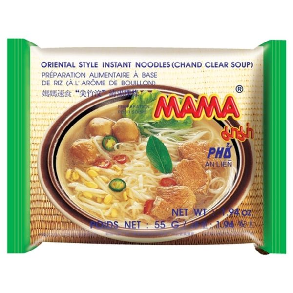 Packaging for Mama Oriental Style Instant Noodles (Chand Clear Soup) showing the product name, an image of the noodles with soup and vegetables, and the net weight of 55 grams.