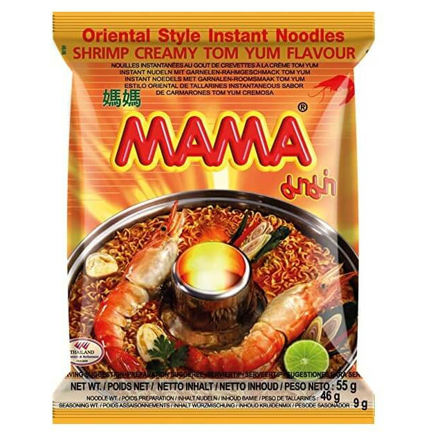 Packaging for Mama Instant Noodles with Shrimp Creamy Tom Yum Flavor, featuring an image of the product with shrimp and vegetables on a hotplate, and text in various languages.