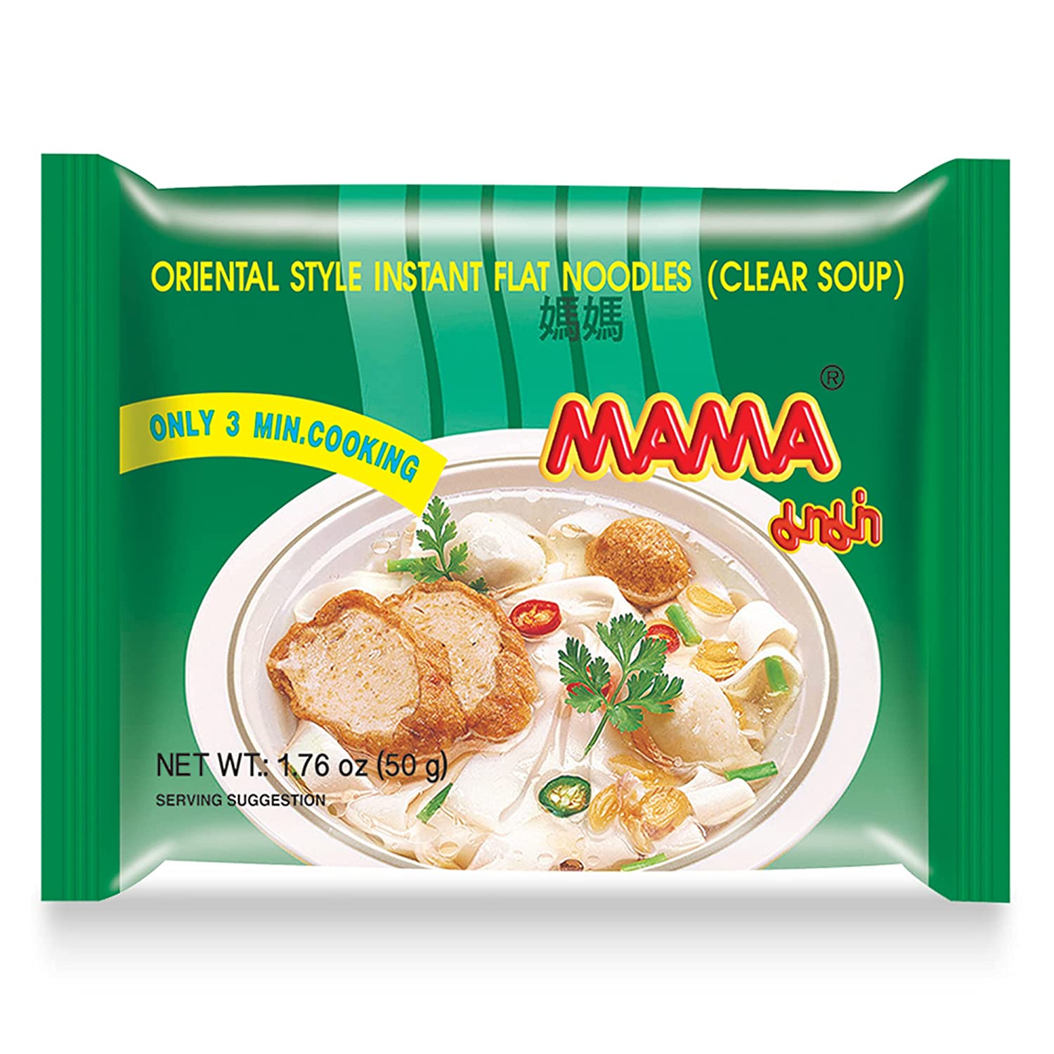 Packaging for Mama Oriental Style Instant Flat Noodles Clear Soup showing the product and its ingredients with a green and white color theme.