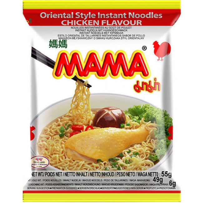 Packaging for Mama Oriental Style Instant Noodles with artificial chicken flavor, featuring an image of the noodles with chicken, vegetables, and a red heart symbol indicating the flavor.