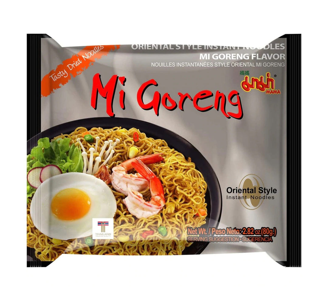 Packaging of Mama Oriental Style Instant Noodles Mi Goreng Flavour, showing the product in a bowl and the name &