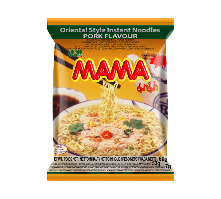 Packaging for Mama Oriental Style Instant Noodles Pork Flavor featuring the product name, brand logo, and an image of the noodles with toppings.