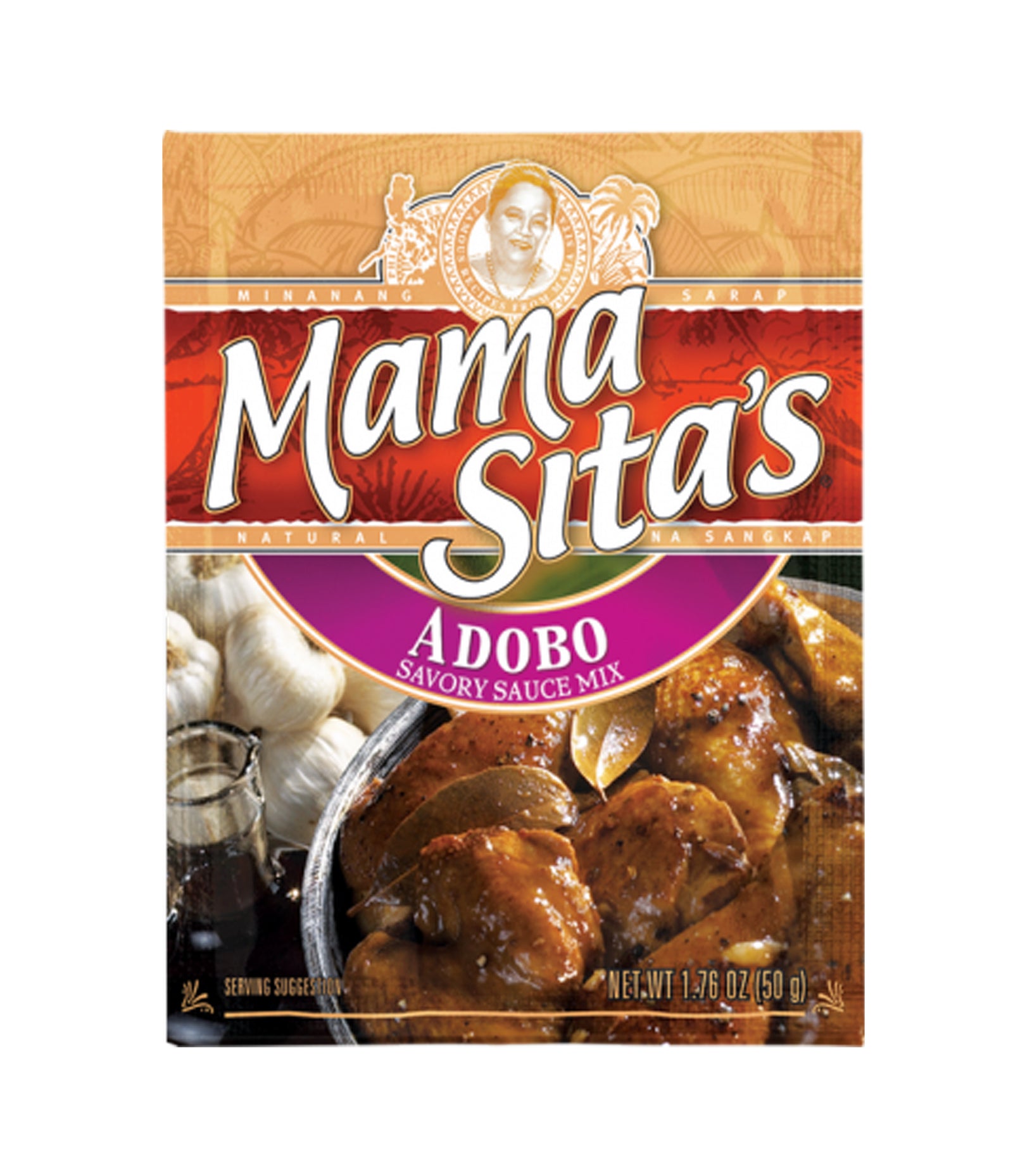 Packaging of Mama Sita's Adobo Savory Sauce Mix with an image of the product and ingredients like garlic and meat.