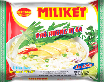 Packaging of Miliket Instant Pho Chicken Flavor with an image of the product and fresh Vietnamese herbs.