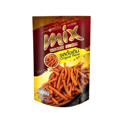 Packaging of Mix Biscuit Sticks Original Flavor, showing the product name and images of the biscuit sticks. The package is predominantly yellow and red with text in both English and Thai.