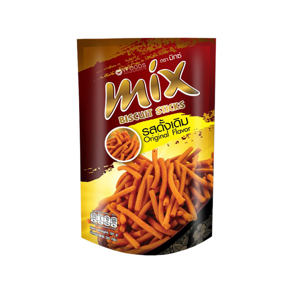 Packaging of Mix Biscuit Sticks Original Flavor, showing the product name and images of the biscuit sticks. The package is predominantly yellow and red with text in both English and Thai.
