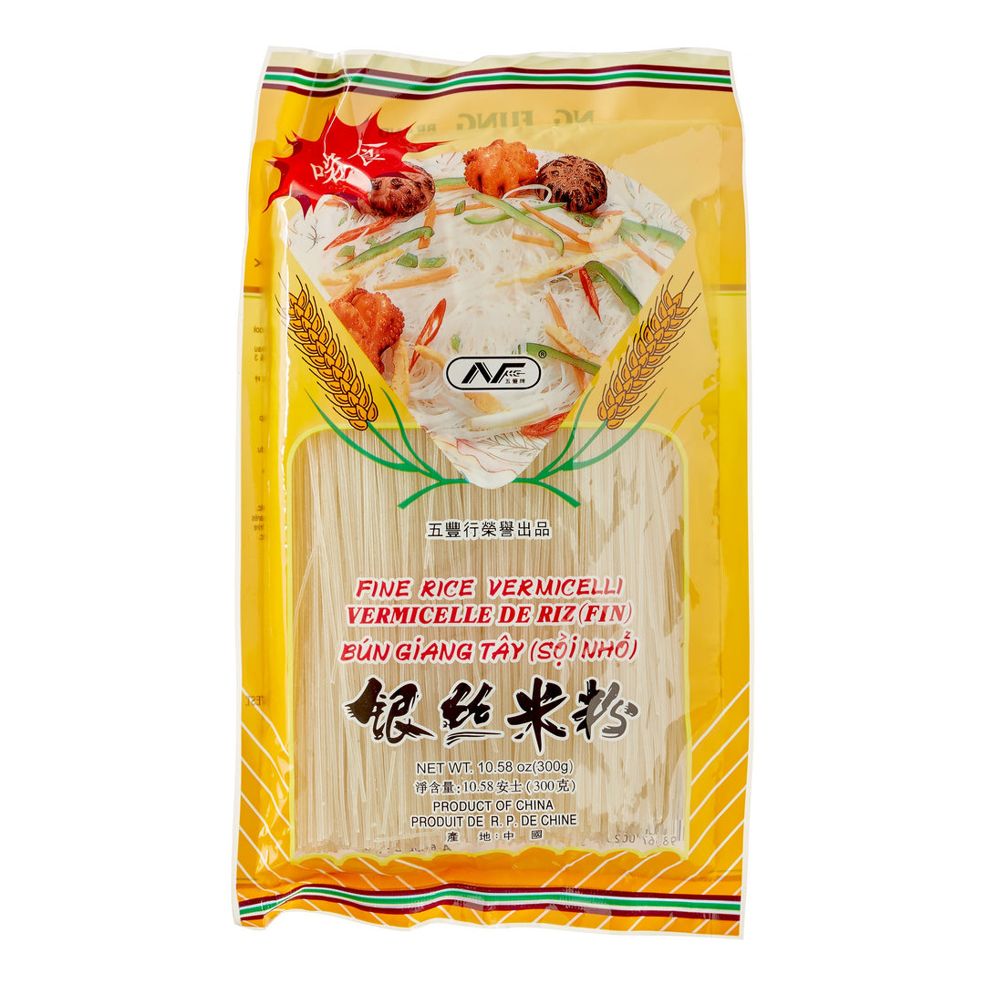 Packaging of NG Fung Hong Fine Rice Vermicelli showing the product and brand name with images of vegetables, indicating the use of the noodles.