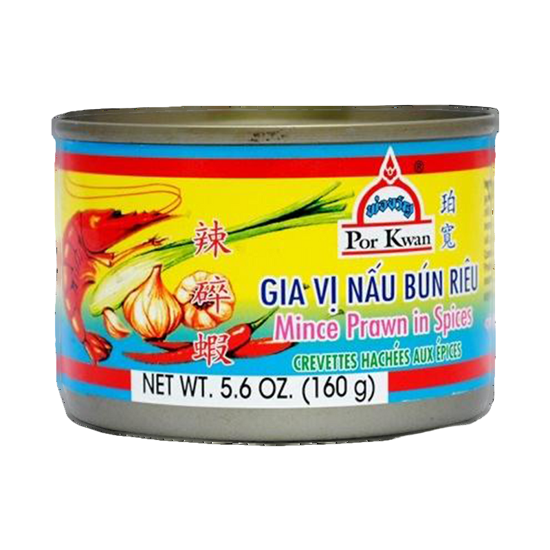 A can of Por Kwan Minced Prawn in Spices, featuring an image of the product with spices and prawns, and label information in Vietnamese and English.