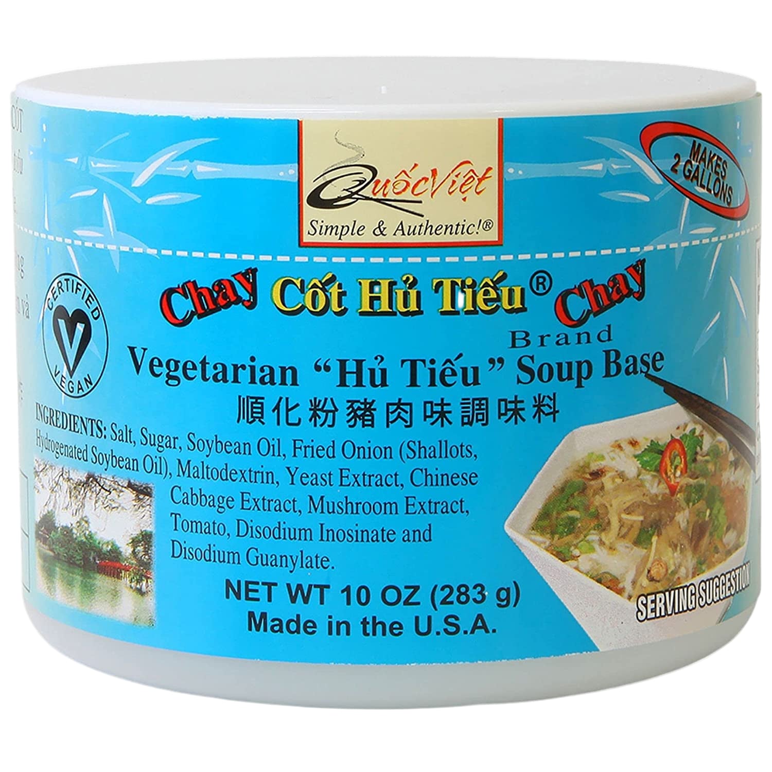 Container of Chay Cot Hu Tieu Vegetarian Soup Base with blue label and white lid.