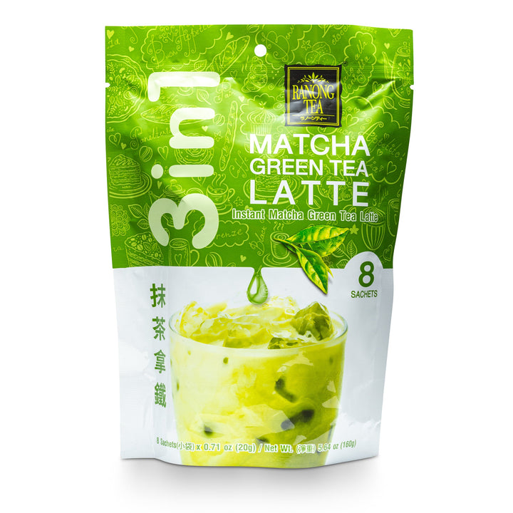 Packaging of Ranong Tea 3 in 1 Matcha Green Tea Latte with an image of a prepared latte drink and matcha powder leaves.