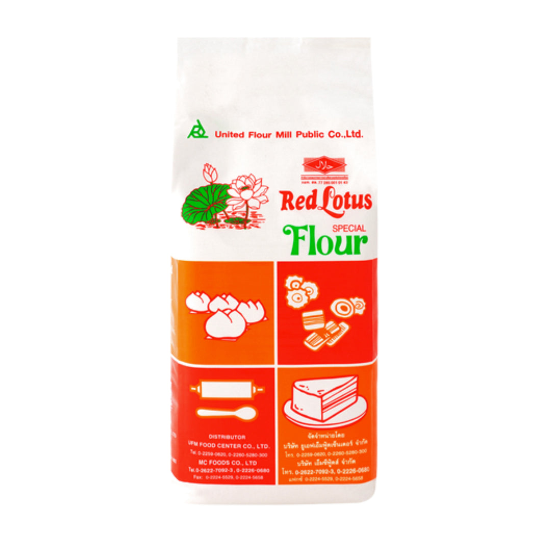 Bag of Red Lotus Special Flour with product branding and images of baked goods on the front.