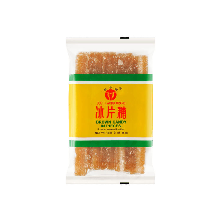 Packaged brown candy sticks with a yellow label on a white background