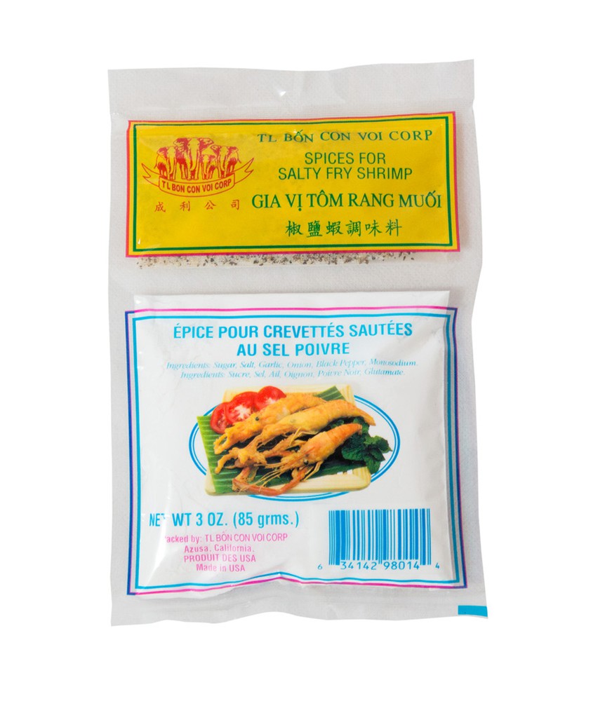 Packaging of TL Bon Con Voi Corp Spices for Salty Fry Shrimp, featuring product name and an image of a dish prepared with the spices.