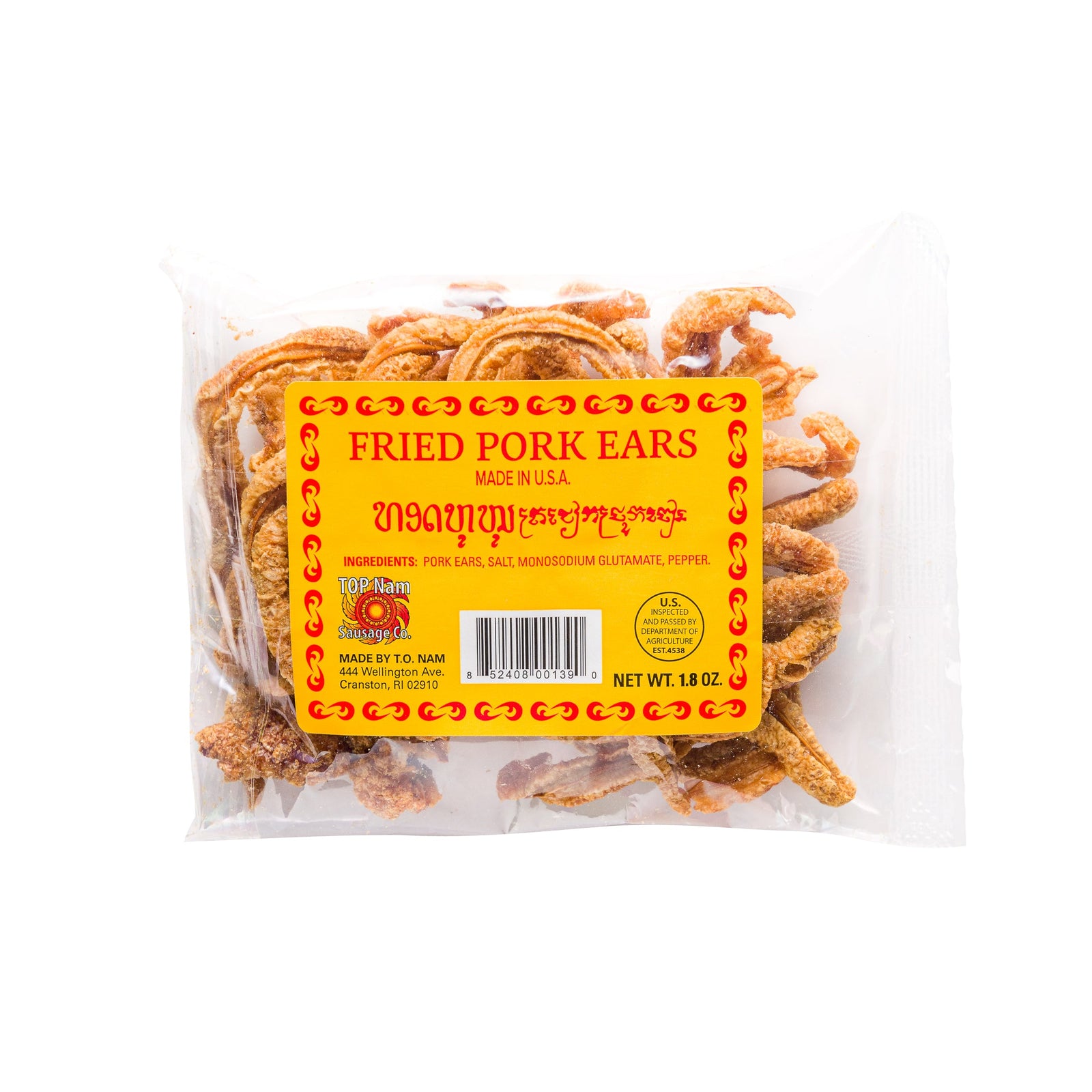 Packaged fried pork ears in a clear plastic bag with a yellow label, branded as TOP Nam.
