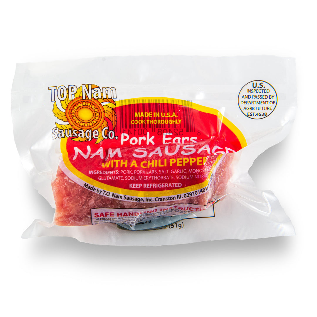 Single vacuum sealed Top Nam Brand Pork Ears Nam Sausage with chili pepper. Made in USA, USDA inspected, refrigerated, and ready to cook.