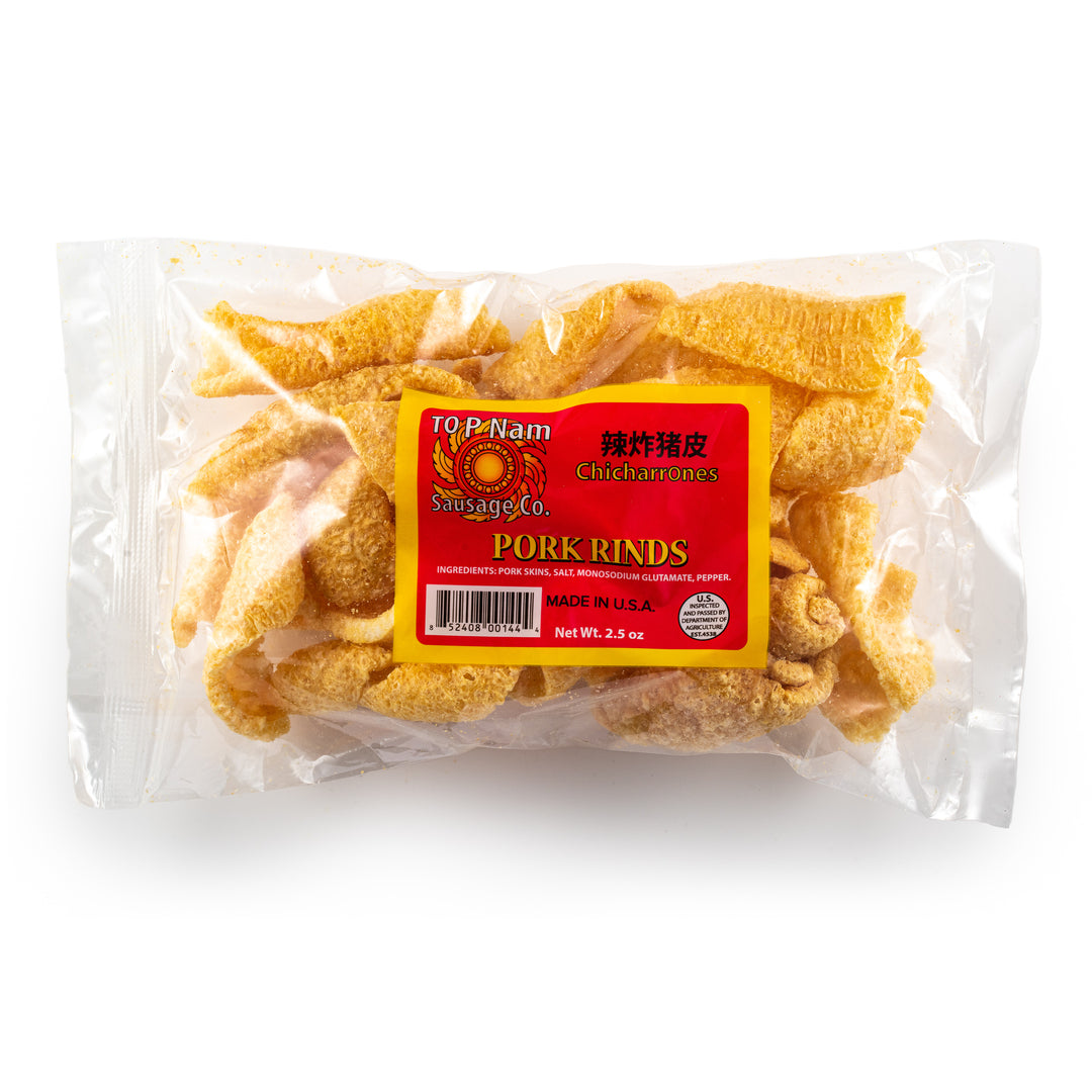 Packaged pork rinds labeled as TOP Nam Pork Rinds, visible through the clear plastic packaging, with a red and yellow label featuring product information.