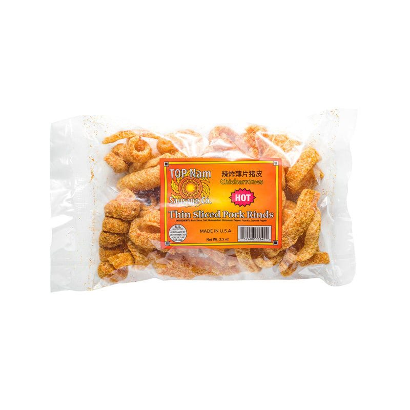 TOP Nam Thin Sliced Pork Rinds (Hot) in a clear bag with an orange label, showcasing crispy chicharrones seasoned with spices.