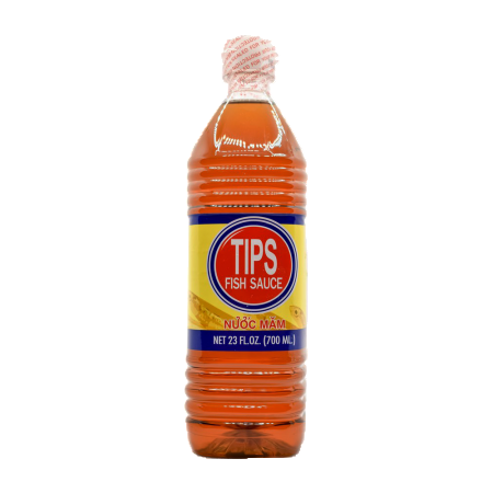 A bottle of Tips Nuoc Mam Fish Sauce with a label indicating it is a product of Thailand, containing 25 fl oz (750 ml)