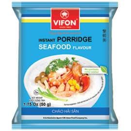 Packaging of Vifon Instant Porridge Seafood Flavor, showing the product in a blue and yellow bag with an image of porridge topped with seafood and herbs, and text in Vietnamese and English.