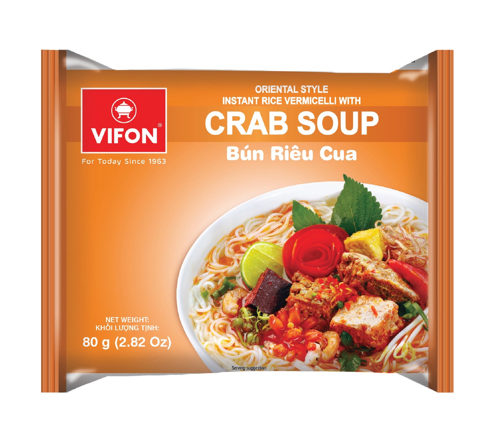 Orange plastic packaging of Vifon Instant Rice Vermicelli with Crab Soup Bun Rieu Cua noodles with image displaying a white soup bowl with vermicelli noodles, lime slice, mints, and proteins.