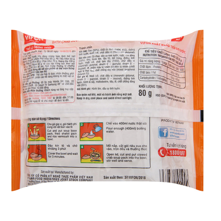 Back of Vifon Instant Rice Vermicelli with Crab Soup Bun Rieu Cua noodles packaging with ingredients, nutritions and directions information in Vietnamese and English.