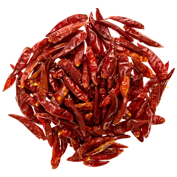 Pile of dried red chili peppers with a glossy texture and scattered seeds on a white background.