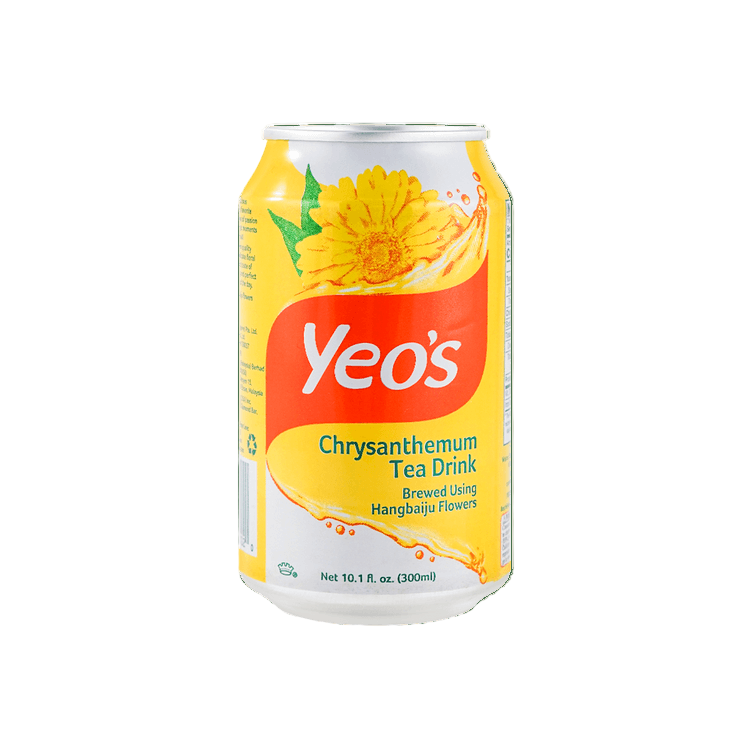 A can of Yeo's Chrysanthemum Tea Drink with Hangbaiju flower illustration.