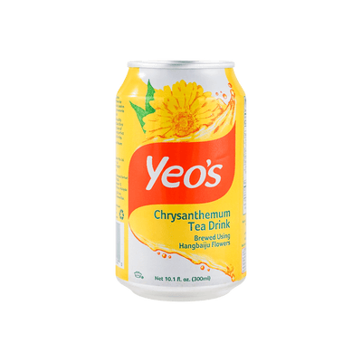 A can of Yeo's Chrysanthemum Tea Drink with Hangbaiju flower illustration.