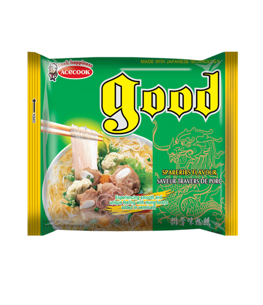 Acecook Good instant vermicelli noodles, spareribs flavor, with vegetables and mung beans on green packaging and yellow fonts.