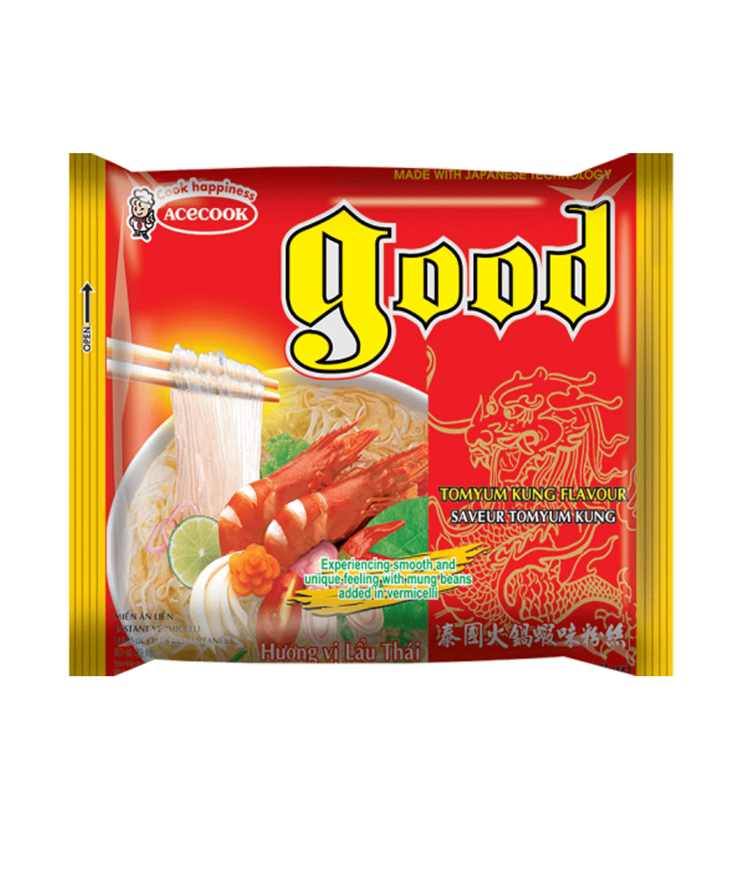 A package of Acecook Good Tom yum kung Flavour instant noodles, featuring a bright red and yellow wrapper with a bowl of noodle soup containing shrimp and lime on the front.