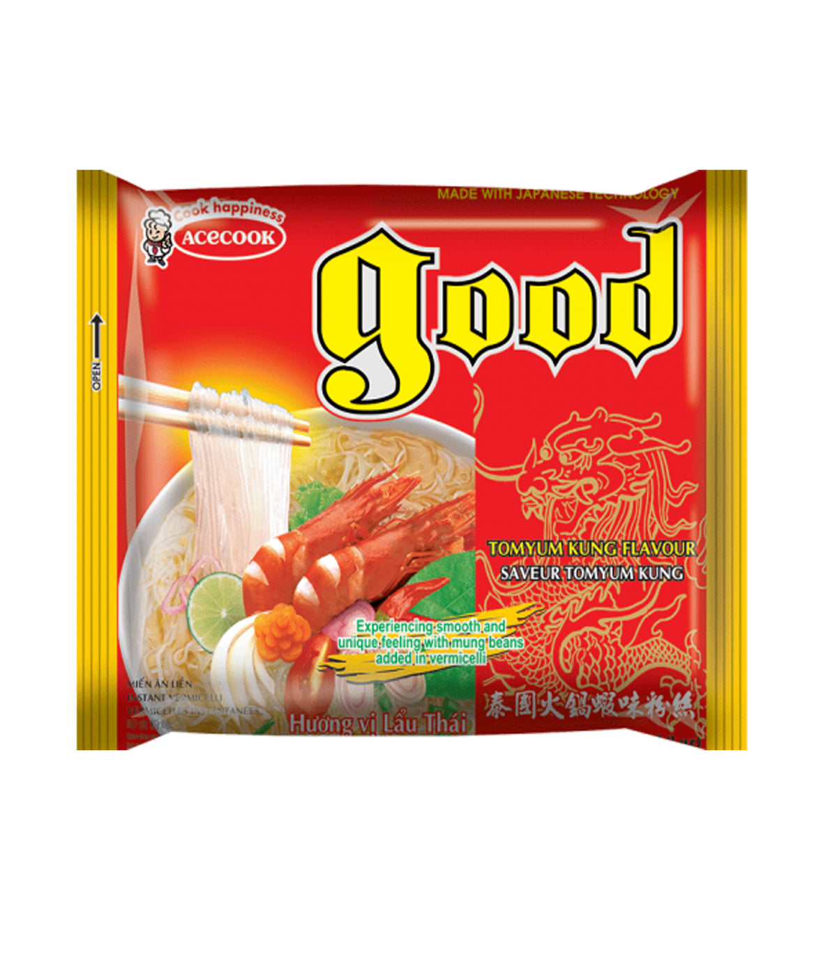 A package of Acecook Good Tom yum kung Flavour instant noodles, featuring a bright red and yellow wrapper with a bowl of noodle soup containing shrimp and lime on the front.