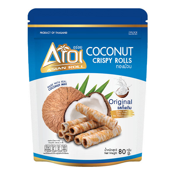 Packaging of Asian Roll Coconut Crispy Rolls with blue and white design