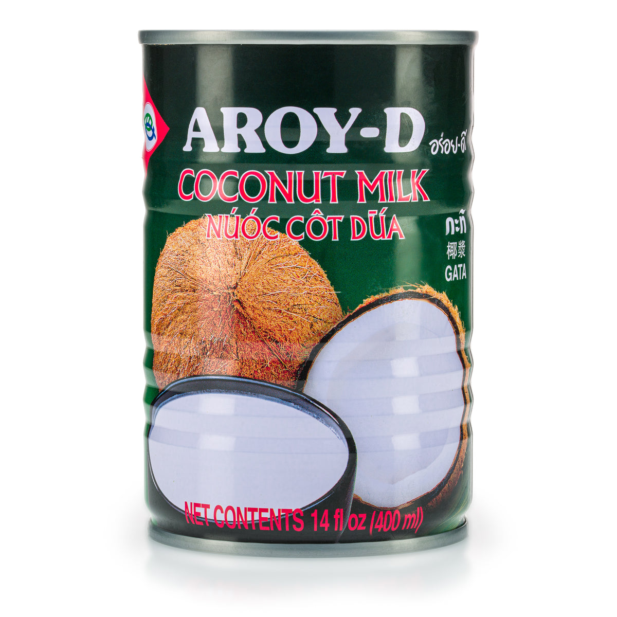 A can of Aroy-D Coconut Milk, showing the brand logo, coconut extracts, and the net contents of 14 fl oz (400ml).
