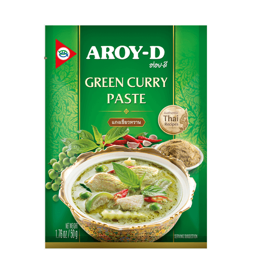 Aroy-D Green Curry Paste packaging with a bowl of curry and ingredients on a green background.