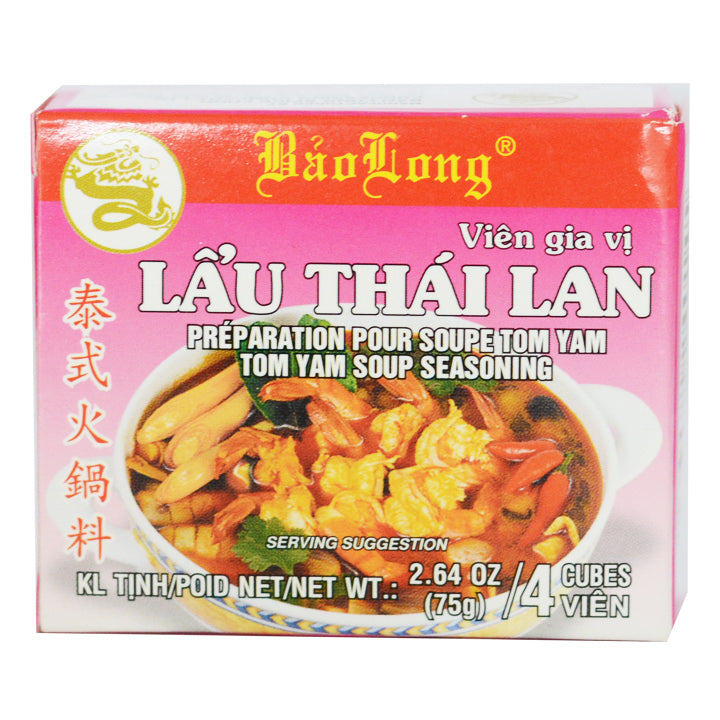 Packaging of Bao Long Vien Gia Vi Lau Thai Lan Tom Yam Soup Seasoning with an image of a bowl of Tom Yam soup on the front.