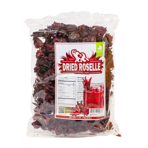 Packaged dried roselle fruit in a clear plastic bag with a red and white labeled branding for &
