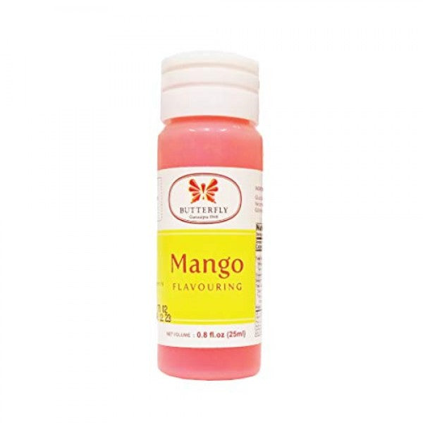 A bottle of Butterfly Mango Flavouring, with the product clearly visible through the transparent container. The label shows the product name and the brand logo featuring a butterfly.