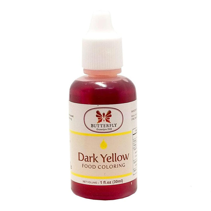 Bottle of Butterfly Dark Yellow food coloring on a white background