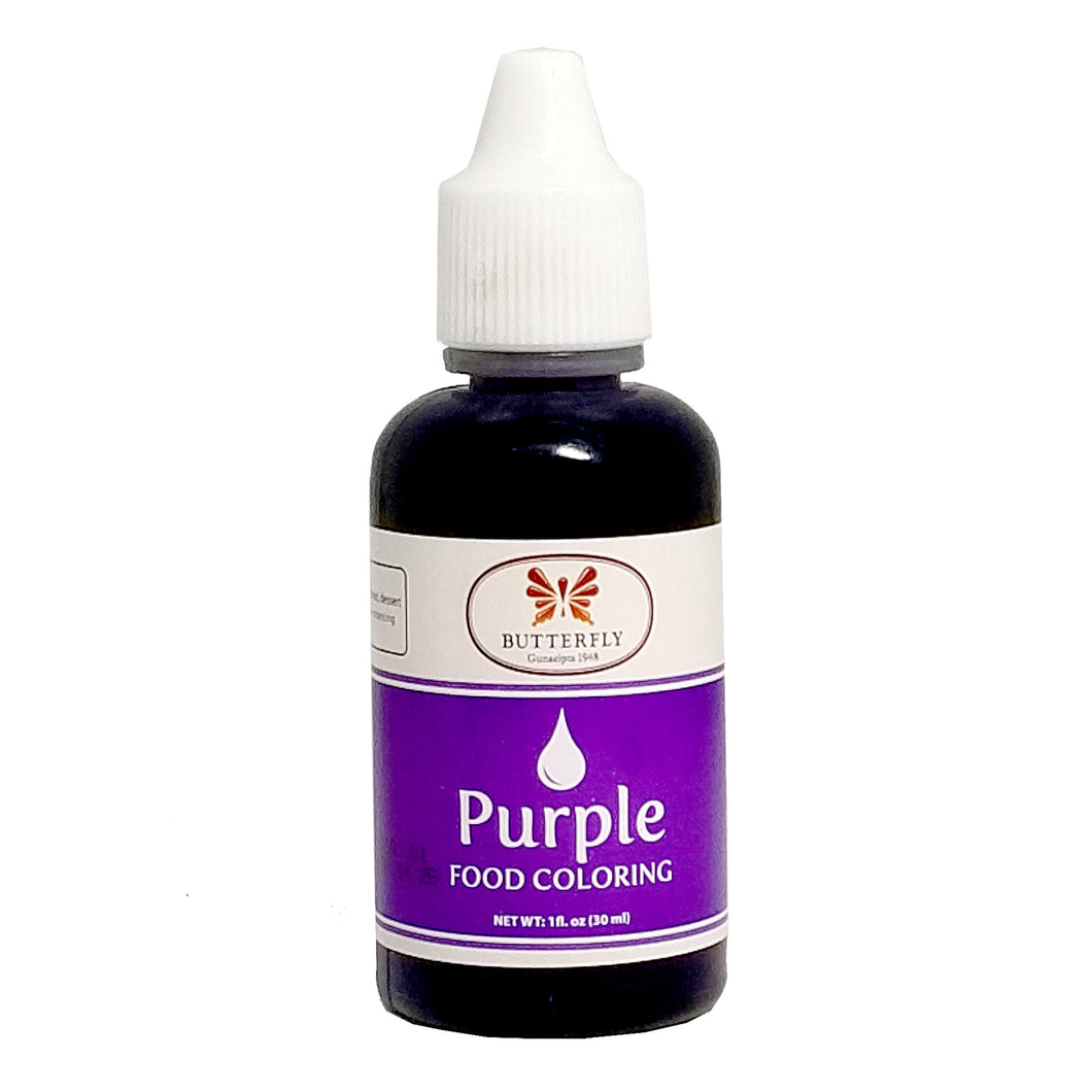A bottle of Butterfly Purple Food Colouring, with a label showing the product name and the brand&