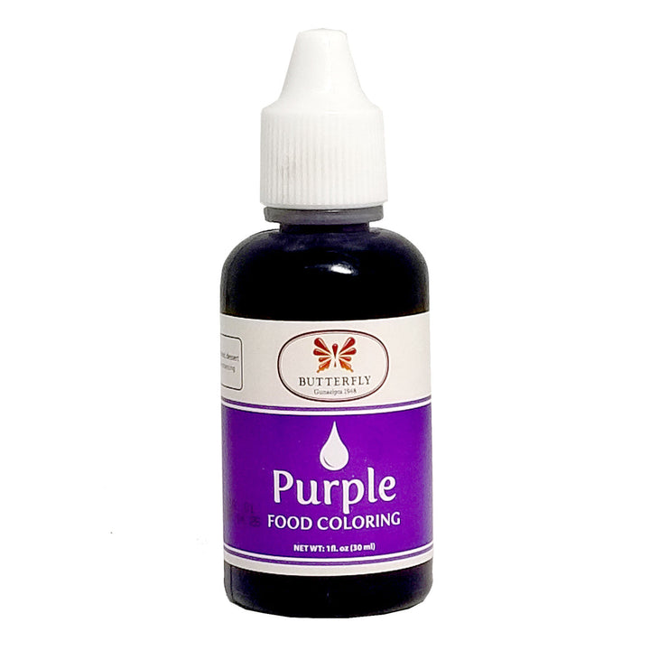 A bottle of Butterfly Purple Food Colouring, with a label showing the product name and the brand&