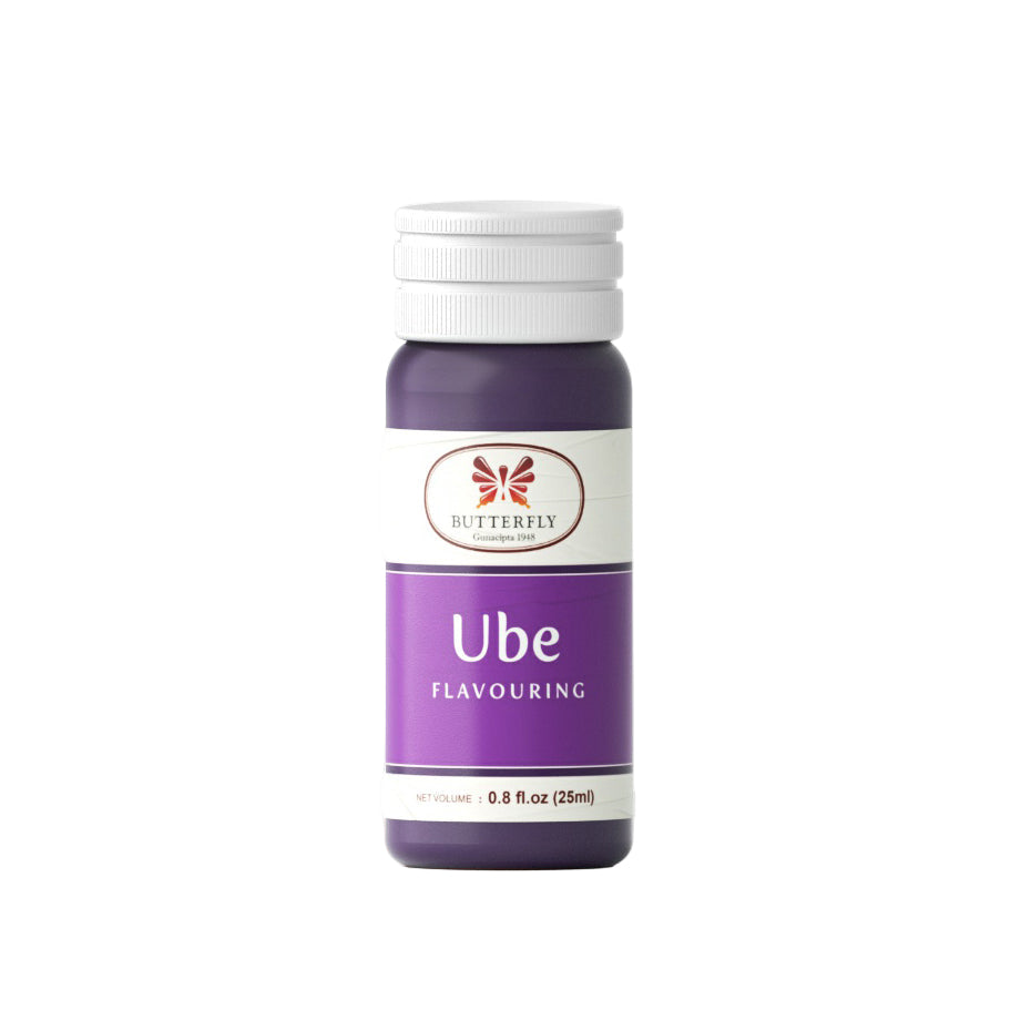 Plastic bottle of Ube flavouring with a white cap on a white background